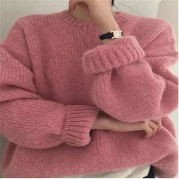 10 Цветов, Розовый Женский свитер, Женские Зимние свитера, Пуловер, женская вязаная верхняя одежда с длинным рукавом, Свободная вязаная верхняя одежда, Белый
