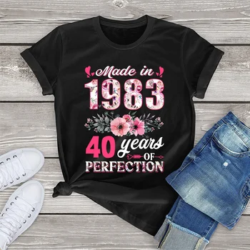 100% Хлопок, сделано в 1983 году, Цветочные Подарки на 40-летний 40-й День Рождения, Женская повседневная футболка с цветами, футболка Harajuku, Модная летняя рубашка