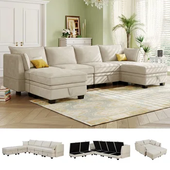 115-дюймовый большой U/L-образный секционный диван с сиденьем для хранения вещей и съемными подушками, бежевый, 6-местный раскладной диван-кровать
