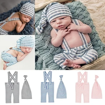 2 шт. / компл., одежда для новорожденных, шляпа с длинным хвостом и узлом + Полосатые брюки на подтяжках, реквизит для фотосъемки в фотостудии