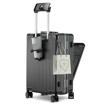 20-дюймовый открывающийся спереди чемодан на колесиках с алюминиевой рамой, USB-подстаканник, отверстие для держателя телефона, вмещающее 15,6-дюймовый компьютер