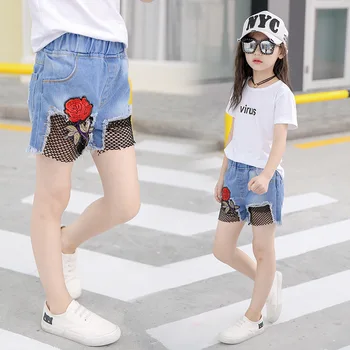 2018 Летние новые джинсовые шорты в Корейском стиле с розами для девочек, модные штаны для девочек, детские джинсовые шорты