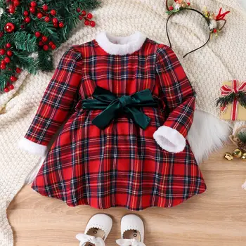 2023 Зимнее рождественское платье для девочек 2-6 лет, Бархатное клетчатое платье с Рождественской шляпой, праздничные новогодние платья с поясом, Детский костюм