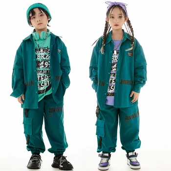2023 Костюмы для бальных танцев в стиле хип-хоп для детей, Зеленый Свободный костюм для девочек, костюмы для джазовых танцев, Уличная одежда для мальчиков DN16211