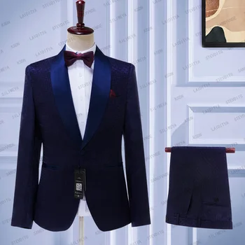 2023 Мужские Свадебные костюмы Темно-синий Жаккардовый Итальянский дизайн На заказ Смокинг для курения с шампанским, 2 предмета, жених для мужчин