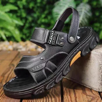 2023 Новые мужские летние модные мягкие противоскользящие сандалии для вождения, для работы и бизнеса, кожаные тапочки двойного назначения, обувь для рыбалки