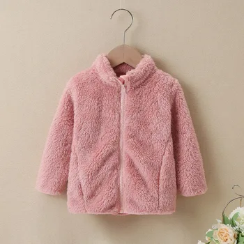 2023 Розовое детское осенне-зимнее пальто с длинными рукавами для девочек, однотонное плюшевое пальто с лацканами