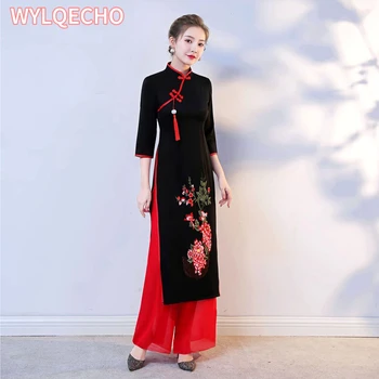 2024 Вьетнам Ao Dai Cheongsam Традиционный Восточный комплект одежды Улучшенный Вьетнам Aodai Qipao Широкие брюки Костюм из двух предметов