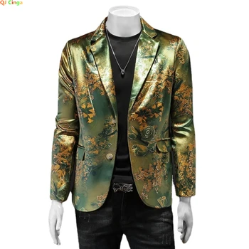 2024 Новый Винтажный тонкий пиджак с золотым принтом, Мужские однобортные блейзеры с V-образным вырезом, Свадебная вечеринка, Мужское платье, топы, пальто, Красный, зеленый