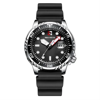 44 мм Кварцевые часы BEN NEVIS Кварцевый механизм Роскошный силиконовый ремешок Черные наручные часы в стиле Diving Water Ghost