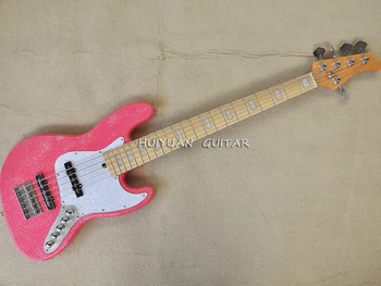 5-Струнная электрическая бас-гитара блестящего розового цвета с кленовым грифом, накладкой из белого жемчуга, доступен индивидуальный логотип / цвет