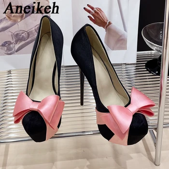 Aneikeh 2024 Модные, сексуальные тонкие туфли на тонком каблуке с круглым носком, женские туфли из флока, украшенные лентой с бантом, свадебные туфли на очень высоких каблуках