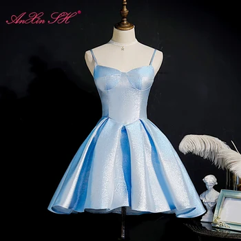 AnXin SH Роскошное платье принцессы небесно-голубого цвета с блестящими атласными бретельками, без рукавов, трапециевидное короткое синее вечернее платье