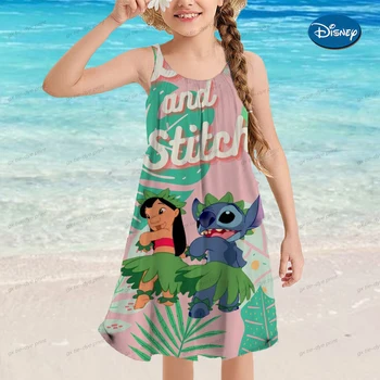 Disney's Lilo & Stitch, платье-футболка с 3D принтом для девочек, летнее Платье Kawaii Elegance, праздничные платья Принцессы с героями мультфильмов, пляжные наряды