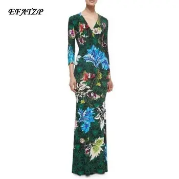 EFATZP Осеннее длинное платье от люксовых брендов, женское платье с потрясающим принтом, облегающее, из эластичного джерси, шелковое фирменное платье Макси