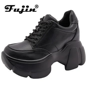 Fujin 9 см, вулканизированная натуральная кожа, повседневные кроссовки на платформе и танкетке, весна-осень, модные ботильоны с контурным рисунком, женская обувь