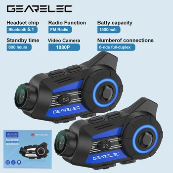 Gearelec S3 Plus Мотоциклетный шлем для внутренней связи, 6 гонщиков, 1500 м, Bluetooth-гарнитура, видеокамера 1080P, FM-музыка, авторегистратор Moto