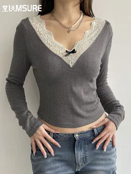 IAMSURE Винтажная лоскутная футболка с кружевной отделкой и бантом, милые футболки с V-образным вырезом и длинным рукавом, женские футболки 2023, осенне-зимняя модная женская уличная одежда