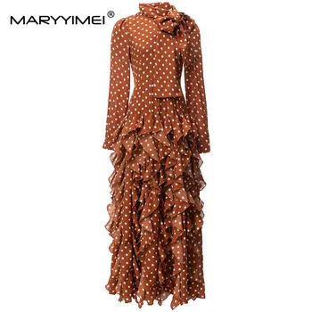 MARYYIMEI, модное дизайнерское весеннее женское платье с воротником-шарфом, с длинными рукавами в горошек, с многоуровневыми оборками, элегантные праздничные платья для вечеринок