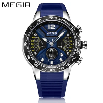 MEGIR Синие Спортивные Часы для Мужчин с Силиконовым Ремешком, Хронограф, Водонепроницаемые Светящиеся Модные Повседневные Кварцевые Наручные Часы Man 2106