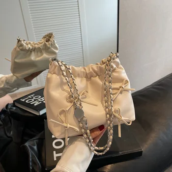 Simple Bowknot Women's Bag Mini Bucket Underarm  Ladies Pleated PU Leather Chain Crossbody Bag Y2K сумка женская 2023 тренд