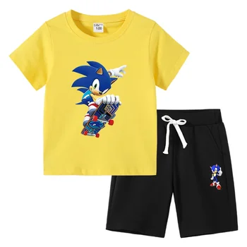 Sonic Летний костюм с короткими рукавами, детская одежда, Корейская версия хлопчатобумажной детской футболки и брюк с короткими рукавами