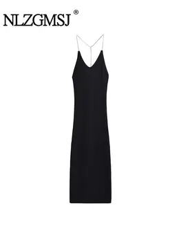 TRAF 2023 Сексуальное женское вечернее платье Миди с глубоким V-образным вырезом, тонкие платья без спинки, вязаное крест-накрест Черное женское платье-комбинация