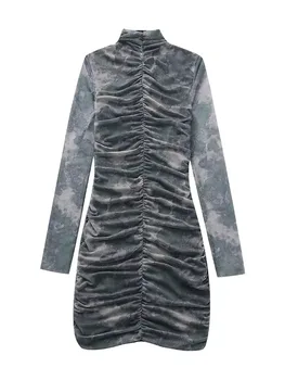ZADATA 2023 Осень, новое женское платье из тюля с принтом, модное плиссированное платье с длинными рукавами