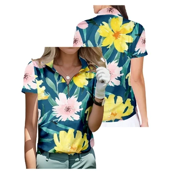 Акварельный цветочный дизайн Рубашка для гольфа с коротким рукавом Дышащие Быстросохнущие топы на молнии Модная уличная одежда Женская спортивная одежда