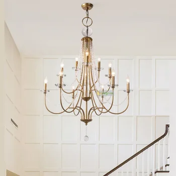 Американская винтажная лестница Люстра Освещение ретро кованое железо трехэтажная светодиодная лампа гостиная свеча хрустальная люстра