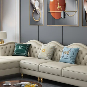 Американский диван из натуральной кожи, современная минималистичная гостиная, минималистичная небольшая вилла, угловой верхний слой из воловьей кожи, легкая роскошь