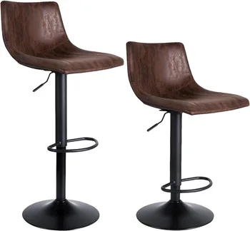 Барные стулья Набор вращающихся на 2-360 ° барных стульев со спинкой, регулируемые по высоте барные стулья, ретро-коричневый