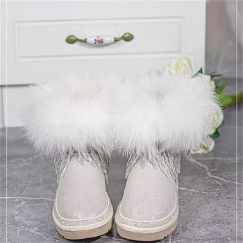 Белые зимние ботинки со стразами и кисточками из флиса, цельные ботинки из меха ручной работы, модные женские туфли 35-40