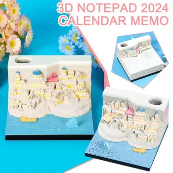 Блок Omoshiroi 3D Memopad Calendar 2024 Santorini Mini 3D Блокнот со светодиодной подсветкой, бумага для заметок, Настольный календарь в подарок на День рождения