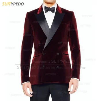 Бордовые бархатные блейзеры для мужчин, Модный приталенный двубортный пиджак, роскошный Деловой свадебный смокинг для выпускного вечера, пальто, 1 шт.