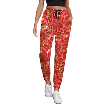 Брюки для бега трусцой с золотой цепочкой, красные спортивные брюки Y2K в цветочек, Весенние женские Повседневные брюки Большого размера, подарок на День рождения