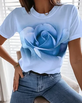 Бутик-футболка с изображением розы, модный тренд, женские рубашки с коротким рукавом, повседневные свободные футболки с круглым вырезом, уличная одежда, бесплатная доставка