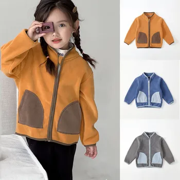 Верхняя одежда для мальчиков и девочек Детское пальто из пушистого флиса контрастного цвета на молнии осень зима