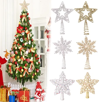 Верхушка Рождественской елки, украшение в виде блестящей звезды и снежинки, Золотая, Серебряная Звезда, украшения для Рождественской елки для дома, декор на Новый год 2023 г.