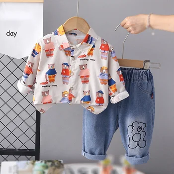 Весенне-осенние комплекты одежды для мальчиков, рубашка с длинными рукавами и рисунком мультяшного медведя + джинсы, спортивный костюм для маленьких мальчиков, детская одежда для малышей