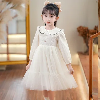 Весеннее розово-белое детское платье принцессы с длинными рукавами и отложным воротником для выпускного вечера, кружевное повседневное платье для девочек от 3 до 10 лет