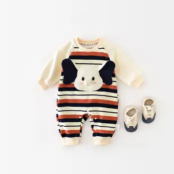 Весенняя мода 2024 года Для мальчиков и девочек, детский комбинезон с милым мультяшным слоном, цветной полосатый цельный хлопковый повседневный комбинезон для новорожденных