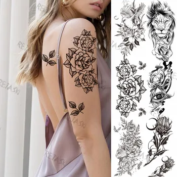 Временные татуировки с большими цветочными листьями для женщин, девушек, геометрических Птиц-Львов, реалистичных поддельных татуировок на спине, водонепроницаемых Татуировок, Наклеек