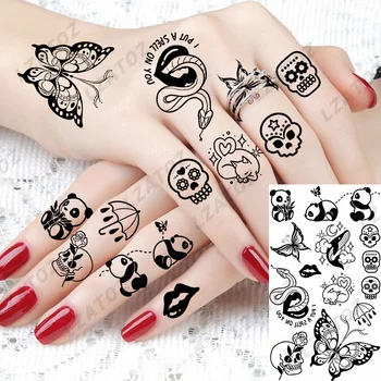 Временные татуировки с черепом крошечной панды для девочек, детские реалистичные наклейки с поддельными татуировками в виде змеи и бабочки, которые можно стирать пальцами, Маленькая татуировка своими руками