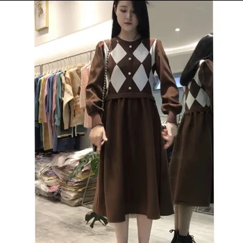 Вязаное платье в стиле пэчворк в виде ромба для женщин, осень 2023, новый корейский повседневный пуловер средней и длинной длины с круглым вырезом, свитер женский