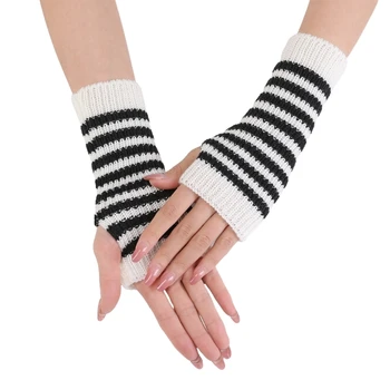 Вязаные перчатки без пальцев, полосатые перчатки с коротким рукавом, перчатки с подогревом для запястий.