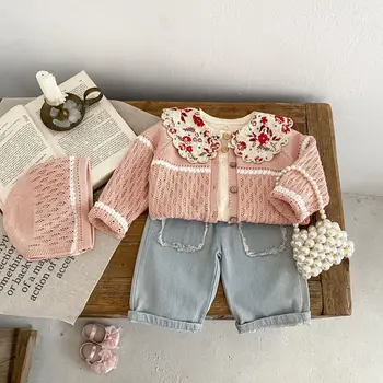 Детская одежда 2024, Весенняя новинка, модное милое вязаное пальто и шапка для маленьких девочек розового цвета, 2 предмета в комплекте