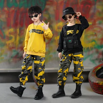 Детская одежда в стиле хип-хоп, толстовка, рубашка, топ, камуфляжные тактические брюки-карго для девочек и мальчиков, джазовый танцевальный костюм, уличная одежда