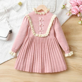 Детская одежда для девочек, Корейская версия, Милое платье для девочек 2023, Осенне-зимнее шерстяное платье средней длины
