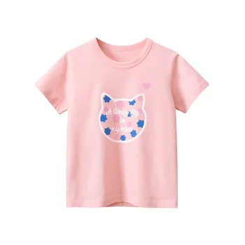 Детская футболка с рисунком кота из мультфильма, Топы для детей, девочек, Милая хлопковая одежда для малышей с коротким рукавом, Летняя Повседневная Розовая футболка от 1 до 8 лет
